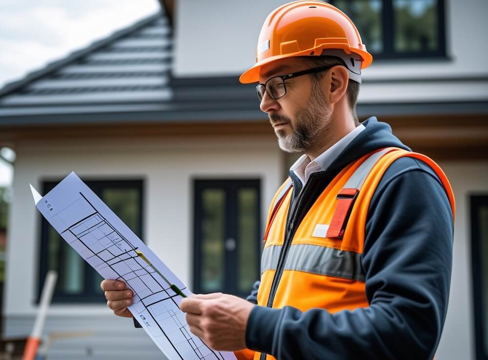 Leistung_Gebäudecheck_1000x700_tiny Bausachverständiger mit Helm und Plan beim Gebäudecheck in Berlin-Brandenburg