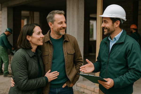 Baubegleiter mit Bauherren:in auf der Baustelle