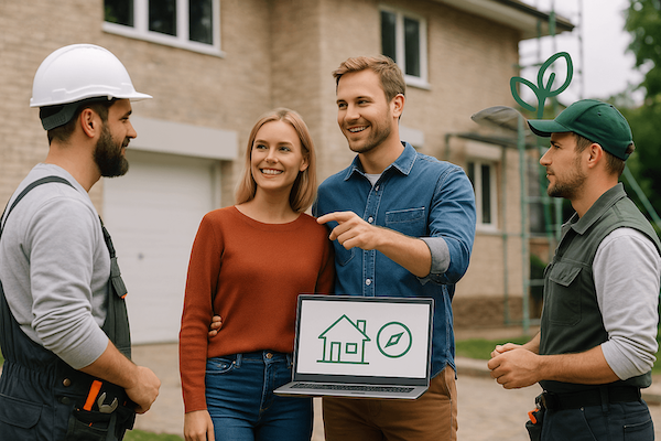 Bauherr erläutert Handwerkern auf Grundlage des energetischen Sanierungsgutachtens