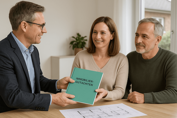 Energieberater übergibt das energetische Immobiliengutachten an Bauherr:in.