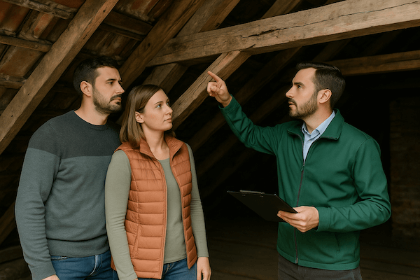 Immobilienbesitzer:in steht auf Dachboden mit Energieberater bei einer Vor-Ort-Beratung