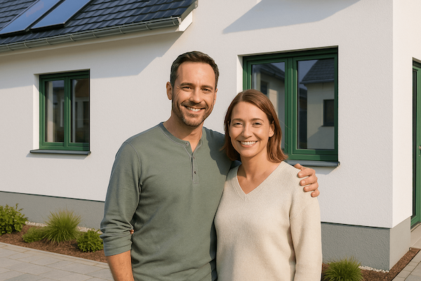 Bauherr:in vor einem sanierten Haus