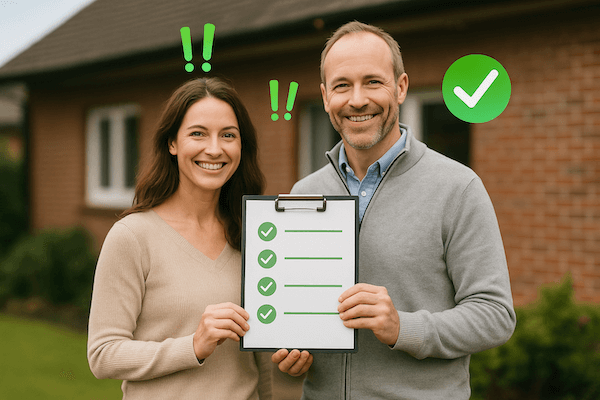 Paar steht mit einer Checkliste der Vor-Ort-Beratung vor dem Haus