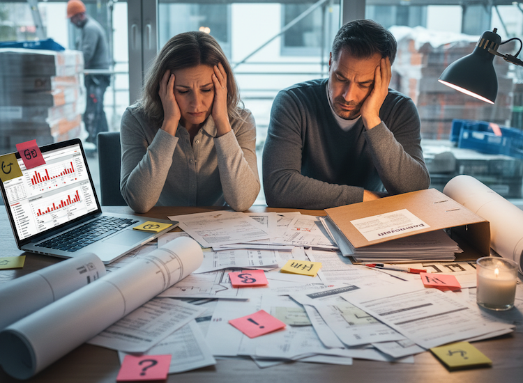 Artpic1_Herausforderungen ISFP-energetische Sanierung 750×550 Überforderte Immobilieneigentümer mit chaotischen Sanierungsunterlagen am Tisch, die Risiken und Mehrkosten einer Sanierung ohne strukturierten individuellen Sanierungsfahrplan ISFP zeigen