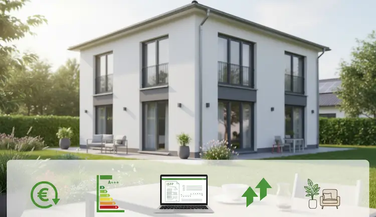 Artpic2_Vorteile ISFP-energetische Sanierung_750x433 Modern saniertes Wohnhaus mit Symbolen von Beratungszielen und individuellem Sanierungsfahrplan iSFP, der Planungssicherheit, Energieeffizienz, Wertsteigerung und höheren Wohnkomfort veranschaulicht