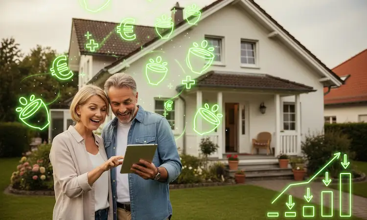 Artpic4_ISFP Förderung_750x450 Zufriedene Immobilieneigentümer vor dem eigenen Haus mit leuchtenden Fördersymbolen und sinkenden Kostenbalken als Symbol für iSFP Förderung, iSFP-Bonus und reduzierte Investitionskosten