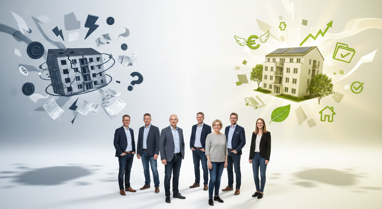 Chancen-risiken-energieberatung WEG Eigentümer, Verwalter und Beiräte stehen vor den Vorteilen und Risiken der energetischen Sanierung als Haus mit Symbolen dargestellt.