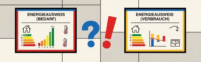 Bedarfsausweis vs. Verbrauchsausweis Bedarfsausweis und Verbrauchsausweis im Vergleich mit Effizienzskala, Fragezeichen und Ausrufezeichen