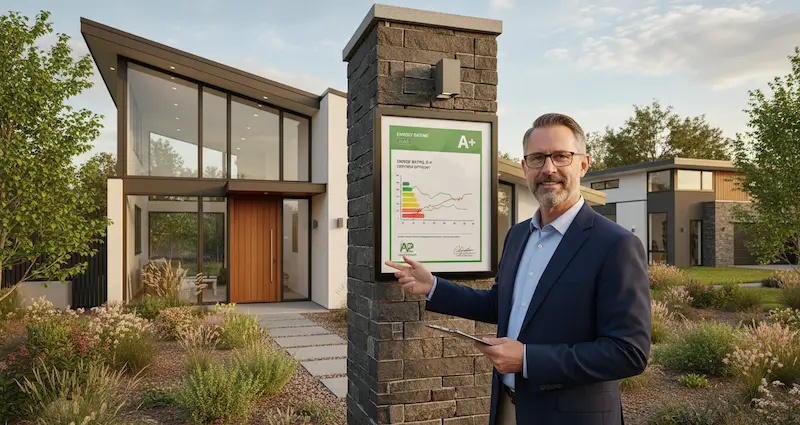 Energieausweis erstellen lassen Energieberater zeigt Energieausweis am modernen Wohnhaus, um einen Energieausweis erstellen zu lassen