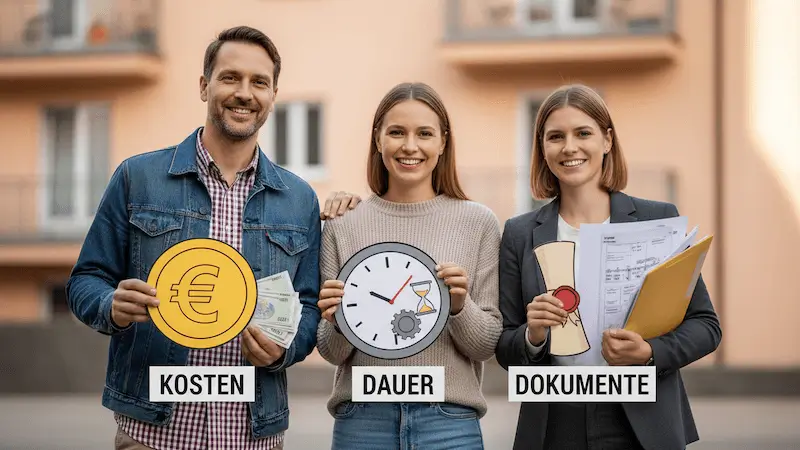 Kosten Energieausweis – Dauer – Dokumente Drei Personen halten Symbole für Dauer, Dokumente und Kosten bei Energieausweisen