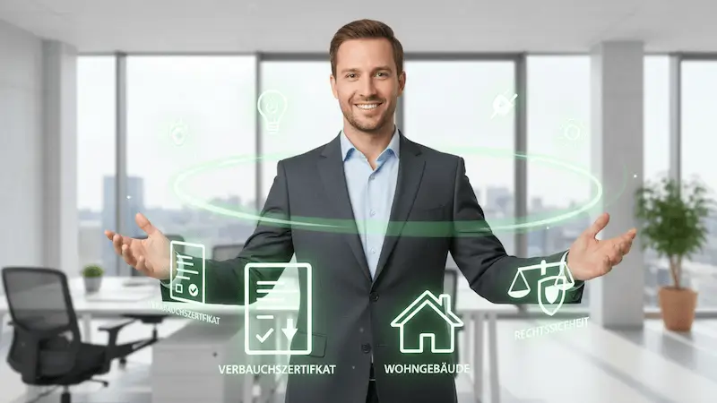 Leistungen Energieausweis Energieberater im Büro mit Symbolen für Energiezertifikat, Wohngebäude und Rechtssicherheit