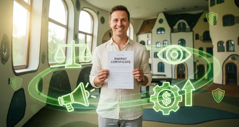 Vorteile eines Energieausweises Mann hält Energiezertifikat, Symbole für Sicherheit, Transparenz und Wertsteigerung