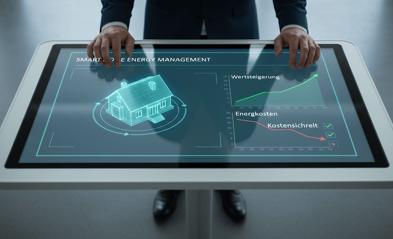Wirtschaftliche Optimierung durch strategische Energieeffizienzberatung Ein Energieberater analysiert auf einem digitalen Dashboard die Wertsteigerung und Energiekosten einer Immobilie