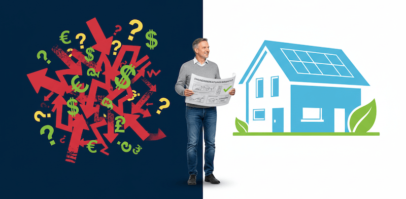 Energieeffizienzberatung für Wohngebäude_800x Ein Mann steht mit einem Plan zwischen einem Chaos aus Kosten- und Fragezeichen und einem energieeffizienten Haus. Symbolbild für eine Energieeffizienzberatung für Wohngebäude.