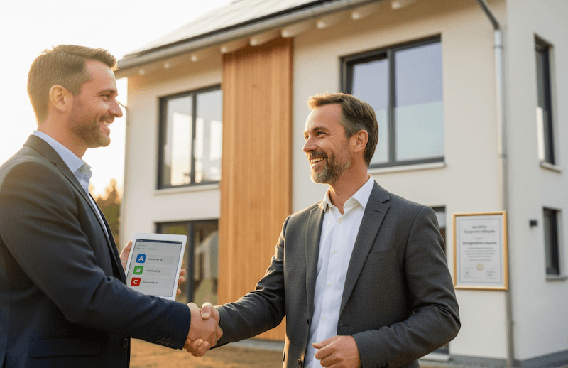 Energieeffizienzberater Wohngebäude mit Bauherr – persönliche Beratung für Hausbesitzer Energieeffizienzberater bespricht mit Hauseigentümer die Energieeffizienzberatung für ein Wohngebäude vor Ort